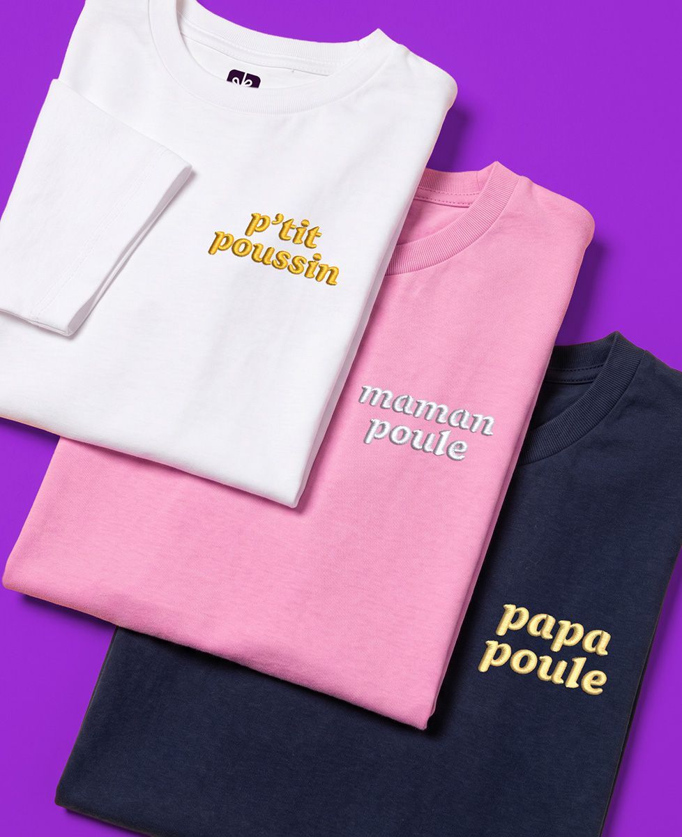 Coffret Trio t-shirts Papa poule / Maman poule / P'tit poussin brodé - Cadeaux Papa, Cadeaux Maman